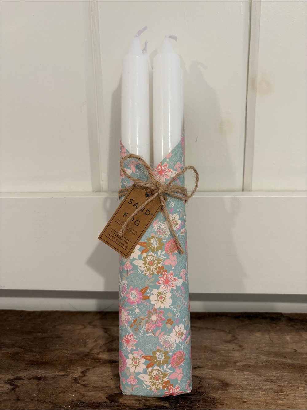 Decorative White Taper Candles with Blue Floral Sleeve